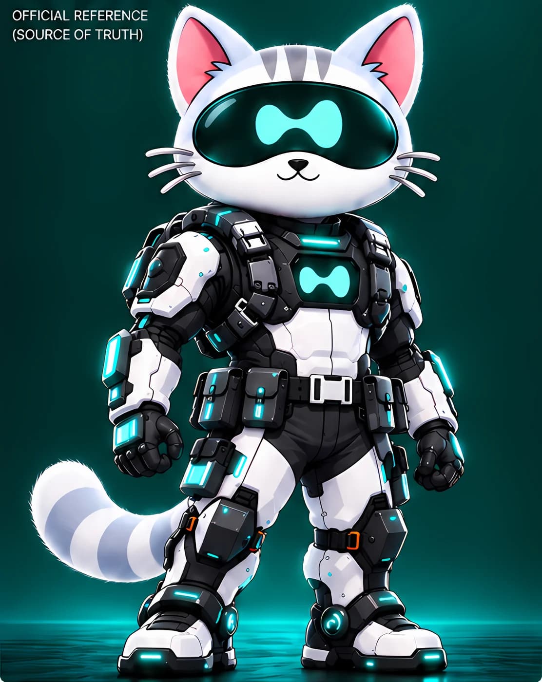 CPU standing on a teal-lit stage in full exosuit